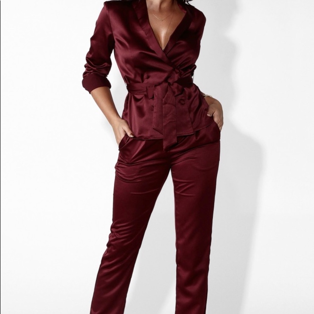 Burgundy Satin Blazer & Pants Set